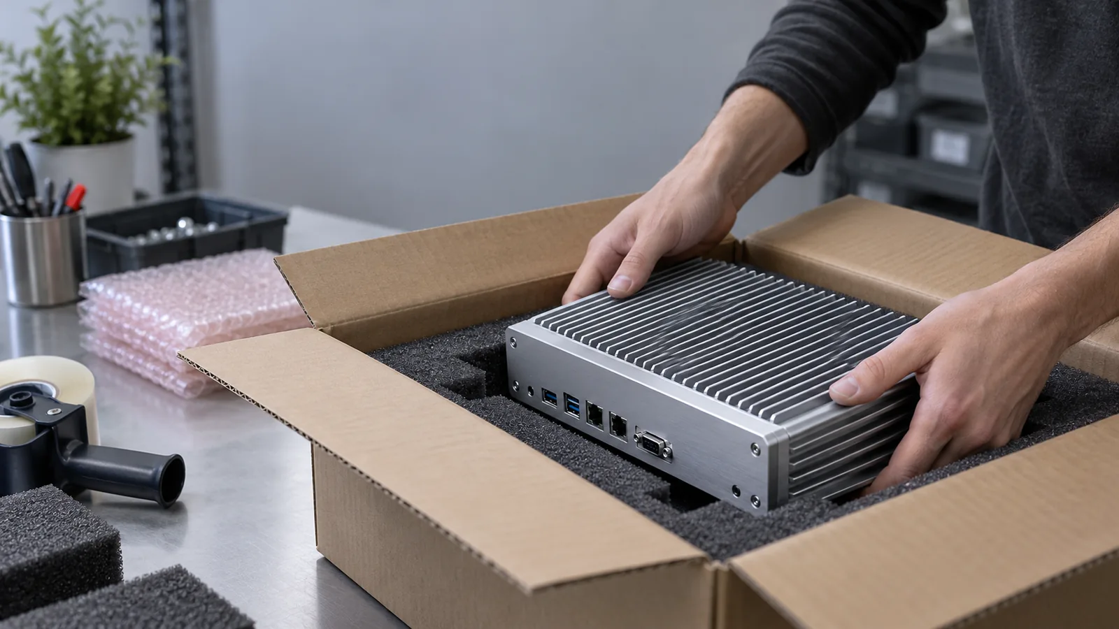 Illustrative scene of protective packaging for electronic modules.